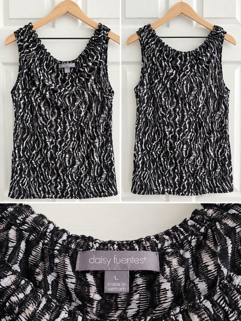 Daisy Fuentes Black & White Textured Ruched Neck Tank